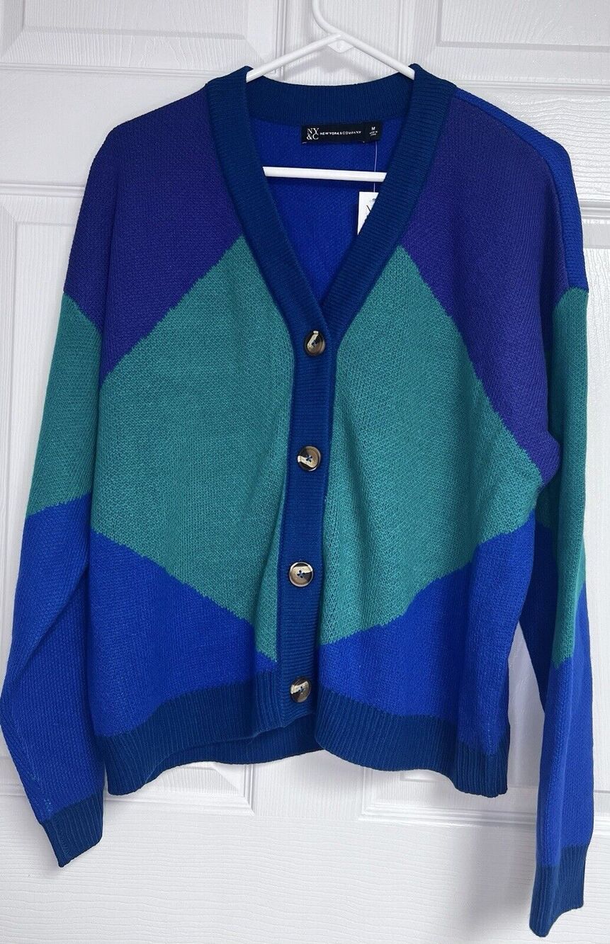 New York & Company Color Block Women's Sweater Cardigan M Medium Blue Green